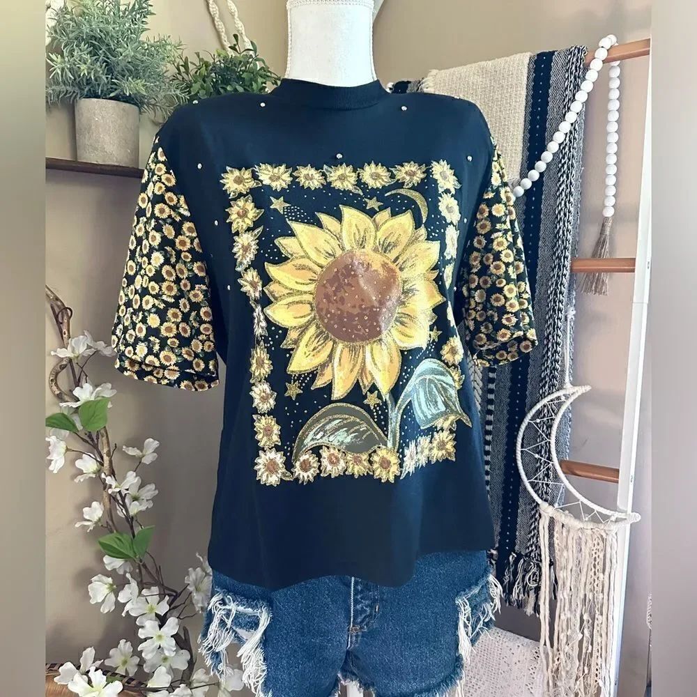 Vintage 80s KWBL Los Angeles Black Sunflower Embellished Short Sleeve T Shirt - Picture 12 of 12